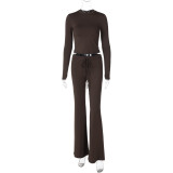 Women Autumn and Winter Crop Long Sleeve Top Lace Bell Bottom PantTwo Piece Set