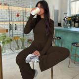 Women Autumn and Winter Crop Long Sleeve Top Lace Bell Bottom PantTwo Piece Set