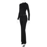 Women Autumn and Winter Crop Long Sleeve Top Lace Bell Bottom PantTwo Piece Set