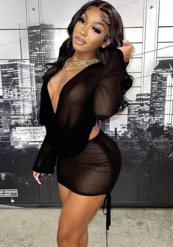 Women long-sleeved V neck mesh Top and Shorts two-piece set