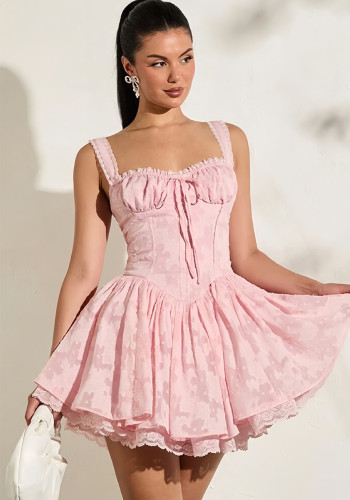 Women's Spring Sleeveless Straps Pleated Butterfly Lace Sexy Dress