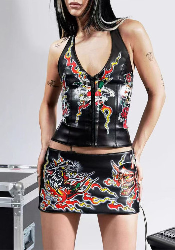 Fashion Pu Leather Halter Neck Sexy Lace-Up Printed Tight Fitting Two-Piece Skirt Set