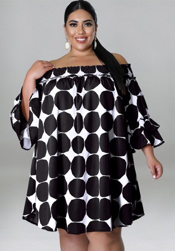 Plus Size Women's Short Sleeve Elastic Off Shoulder Polka Dot Print Loose Casual Dress