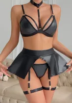 Black Pu Leather Sexy Women's Halter Neck Hollow Four-Piece Sexy Lingerie