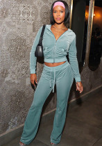 Spring Sexy Slim Hooded Zipper Jacket High Waist Solid Color Bell Bottom Pants Two-Piece Set