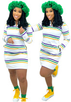 Fashion Pocket Stripe Print Turndown Collar Long Sleeve Casual Dress