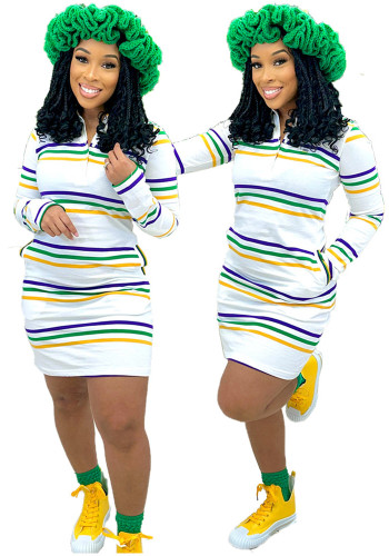 Fashion Pocket Stripe Print Turndown Collar Long Sleeve Casual Dress