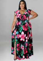 Plus Size Women's Summer Ruffled Collar Floral Print Maxi Dress