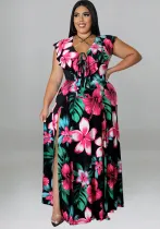 Plus Size Women's Summer Ruffled Collar Floral Print Maxi Dress