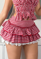 Spring Women's Fashion Y2K Sexy Plaid Lace Layer Two Piece Skirt Set