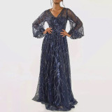 Sequined V-Neck Long Sleeve Lace Long Party Dress（Processing time need 3-6 days）