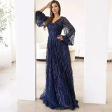 Sequined V-Neck Long Sleeve Lace Long Party Dress（Processing time need 3-6 days）