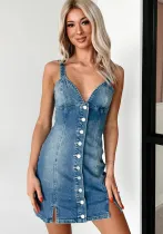 Summer Sweet Strap V-Neck Button Denim Dress