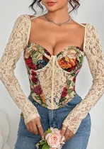 Flower Patchwork Lace Sexy Halter Long Sleeve Herringbone Top