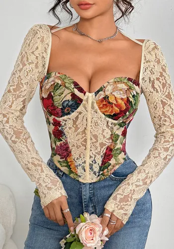 Flower Patchwork Lace Sexy Halter Long Sleeve Herringbone Top