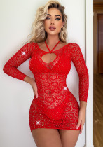 Sexy Hollow Rhinestone Sexy Lingerie Women Beaded High Stretch Bodycon Nightdress