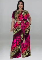 Plus Size Women's Summer Print Fashion Casual Lace-Up Top Wide Leg Pants Two-Piece Set