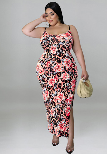 Plus Size Women's Summer Floral Print Strap Sexy Slit Bodycon Dress