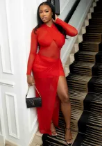 Women's Sexy Cross Patchwork See-Through Mesh Red Round Neck Slim Long Dress