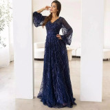 Sequined V-Neck Long Sleeve Lace Long Party Dress（Processing time need 3-6 days）