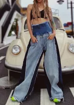 Women Spring High Waist Loose Color Matching Straight Denim Wide Leg Pants