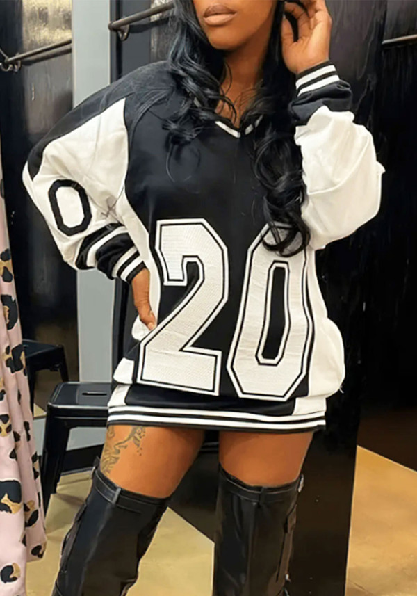 Women Loose Number Printed V-Neck Casual Long Sleeve Top