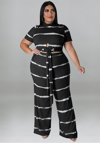 Plus Size Women's Round Neck Ribbed Short Sleeve Lace-Up Top Pants Two-Piece Set