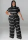 Plus Size Women's Round Neck Ribbed Short Sleeve Lace-Up Top Pants Two-Piece Set
