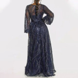 Sequined V-Neck Long Sleeve Lace Long Party Dress（Processing time need 3-6 days）