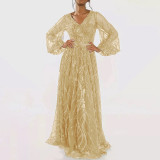 Sequined V-Neck Long Sleeve Lace Long Party Dress（Processing time need 3-6 days）