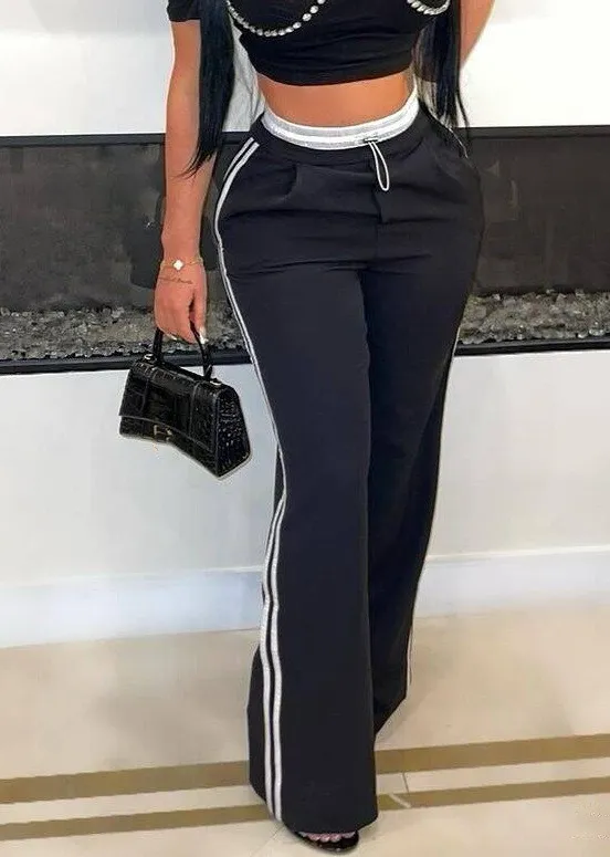 Women's Fashion Casual Patchwork Drawstring Slim Straight Trousers