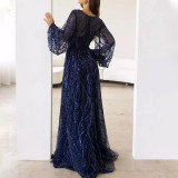 Sequined V-Neck Long Sleeve Lace Long Party Dress（Processing time need 3-6 days）