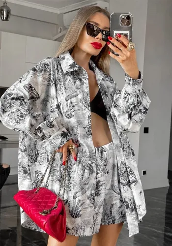 Women Spring Printed Top and Shorts Two-piece Set