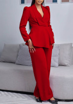 Women Elegant Ruffled Long Sleeve Top Wide Leg Pants Two-Piece Set