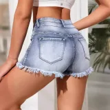 Women Button Raw Edge Stretchy Denim Shorts
