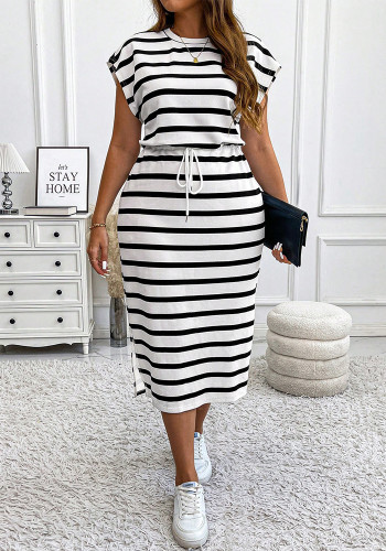 Plus Size Women Round Neck Printed Strapped Short Sleeve Dress