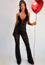 Women Sexy Solid Lace See-Through Backless Halter Neck Bodysuit