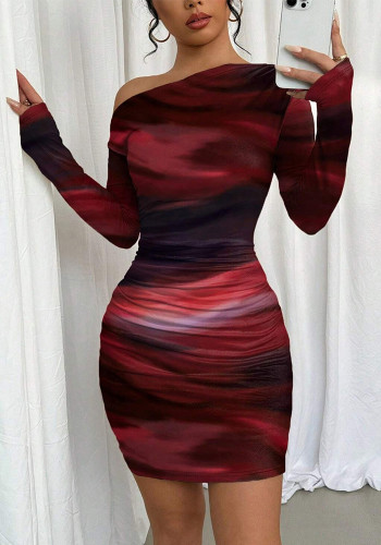 Women Printed Slash Shoulder Long Sleeve Bodycon Dress