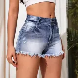 Women Button Raw Edge Stretchy Denim Shorts