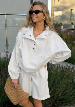 Women Spring and Summer Turndown Clar Lantern Sleeve Top and Shorts Two-piece Set