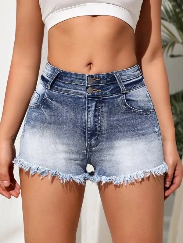 Women Button Raw Edge Stretchy Denim Shorts