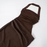Women's Halter Neck See-Through Mesh Low Back Diagonal Gathered Long Dress