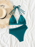 Sexy Beach Solid Color Two Piece Lace-Up Bikini Swimsuit