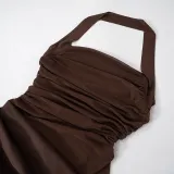 Women's Halter Neck See-Through Mesh Low Back Diagonal Gathered Long Dress