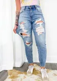 Light Color Tight Pants Women's Pants Street Mid-Waist Skinny Long Ripped Denim Trousers