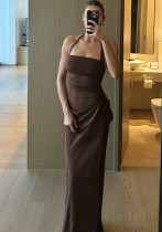 Women's Halter Neck See-Through Mesh Low Back Diagonal Gathered Long Dress