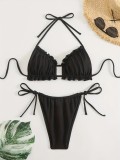 Solid Color Triangle Bikini Sexy Halter Neck Lace-Up Two Piece Low Waist Female Swimsuit