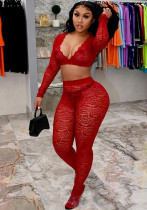 Women's Sexy V-Neck Tight Slim See Through Lace Two-Piece Pants Set
