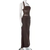 Women's Halter Neck See-Through Mesh Low Back Diagonal Gathered Long Dress