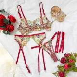 Sexy Lingerie Embroidery Floral Color Matching Bra Garter Set